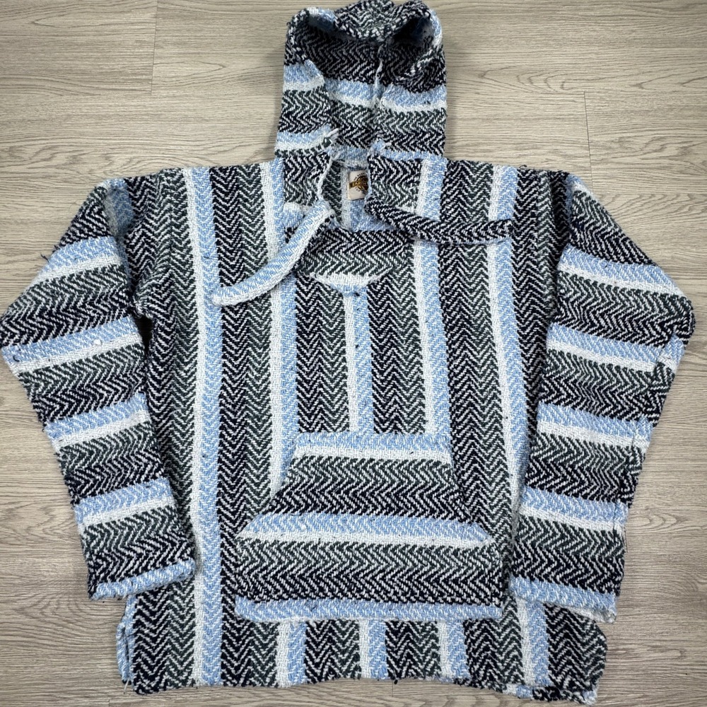 Earth Ragz Mens Hoodie Baja Drug Rug Blue Black Striped Small Pullover